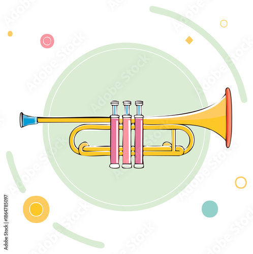 Vibrant yellow trumpet illustration with pink valves and abstract shapes