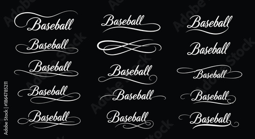 Collection of various baseball script logos and decorative flourishes set against a stark black background for sports design.