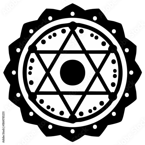 Black and white sacred geometry mandala with a hexagram star symbol