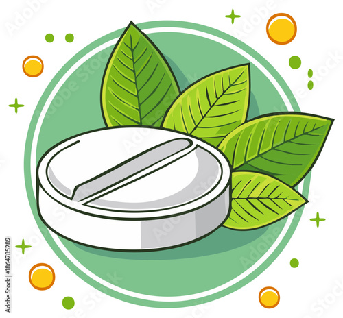 White Pill and Fresh Green Leaves Depicting Herbal Medicine and Natural Remedy in a Decorative Green Circle