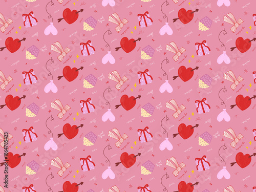 Seamless Valentine Love Pattern with Hearts Gifts and Cute Icons on Pink Background