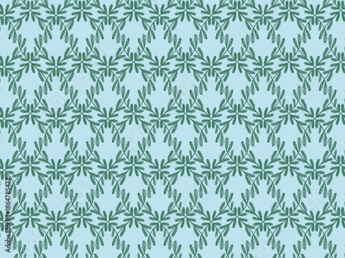 Seamless Green Botanical Geometric Pattern with Hand Drawn Leaves on Blue Background