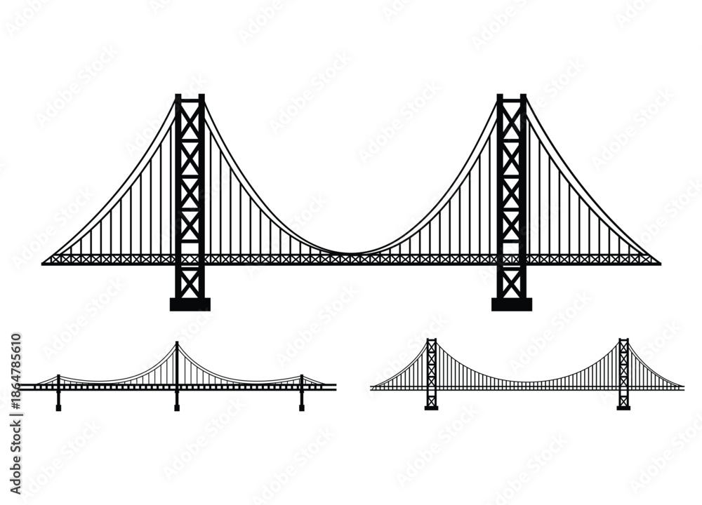 Fototapeta premium Illustration of a Suspension Bridge with multiple angles