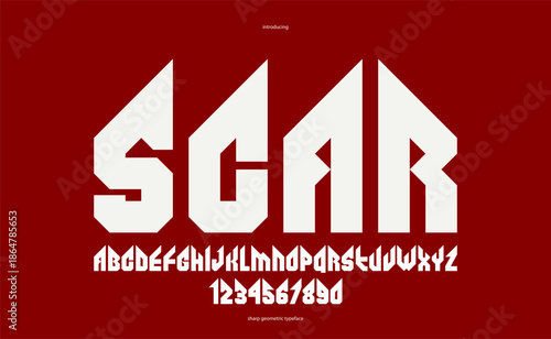 Sharp and bold gothic font for logo creation of for headlines, edgy geometric modern vector typeface, heavy metal and hard rock style alphabet with numbers.