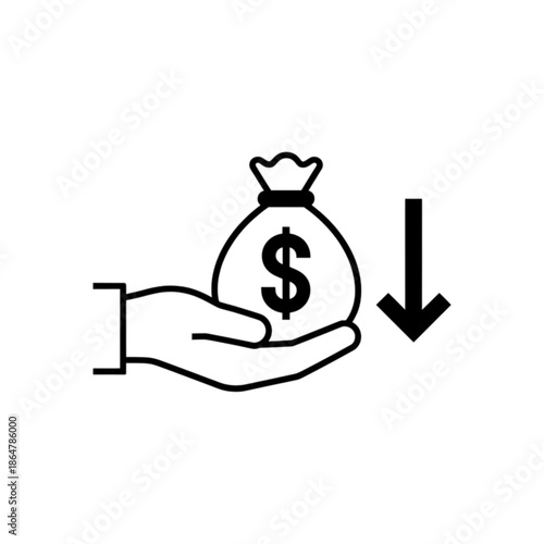 A minimalist line art vector image of a hand holding a money bag with a dollar sign next to a downward-pointing arrow, representing financial loss, reduced academic funding, or budget decreases