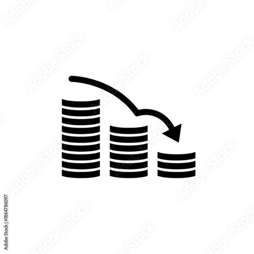 A minimalist solid black vector image illustrating financial loss or an economic downturn through three descending stacks of coins and a sharp downward-pointing arrow