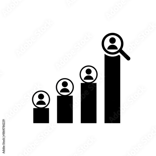 A professional vector image showcasing human resources analytics and talent acquisition through a rising bar chart that features user profile icons and a magnifying glass for recruitment data