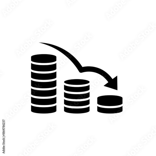 A minimalist solid black vector image representing a financial decline or economic downturn, featuring three descending stacks of coins and a sharp downward-curving arrow