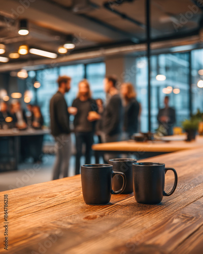 Wallpaper Mural Cozy office break area with two coffee cups on wooden table and coworkers chatting Torontodigital.ca