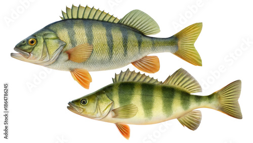 Two yellow perch fish isolated on transparent background
