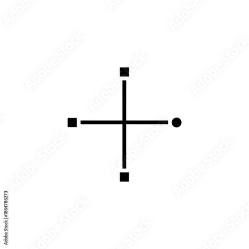A minimalist vector image featuring a black geometric crosshairs symbol with square and circular terminals centered on a clean white background