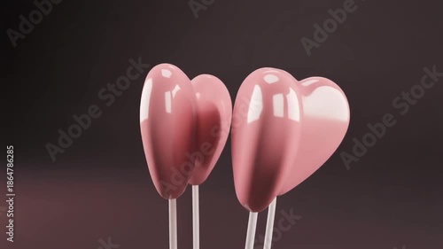 Three Pink Heart Shaped Lollipops on Sticks Close Up.