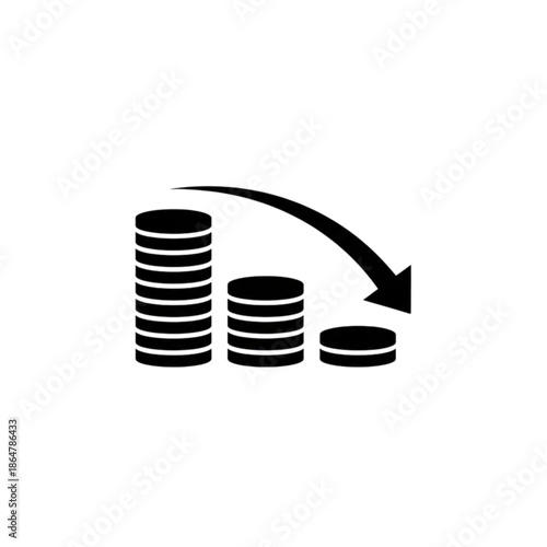 A minimalist black and white vector image of three diminishing stacks of coins with a downward-pointing arrow, representing financial loss, economic decline, and reduced academic or business budgets