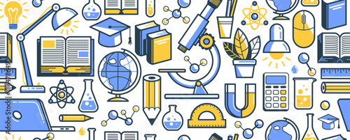 Education seamless background, vector endless pattern wallpaper with a lot of elements on study and learning theme, can be used separately like an icon.