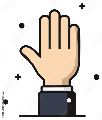 Human hand raised with fingers spread wearing a dark suit sleeve and cuff