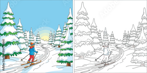 Coloring book page for kids with colored example and outline showing a person skiing in a snowy winter forest landscape vector illustration