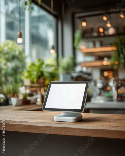 Wallpaper Mural Sleek POS touchscreen mockup with blank white display on minimalist counter, soft bokeh Torontodigital.ca
