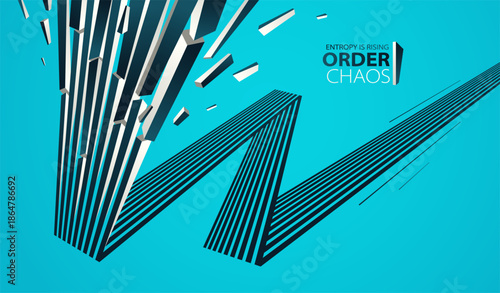 Debris particles exploding in chaos vector abstract background, entropy is rising to decay and disorder, elements flying in motion, 3D wallpaper.