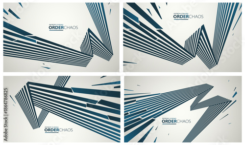Chaos and order vector concept abstract background with lines explosion to debris in decay set, 3D wallpaper with perspective lines going to chaos of destruction.