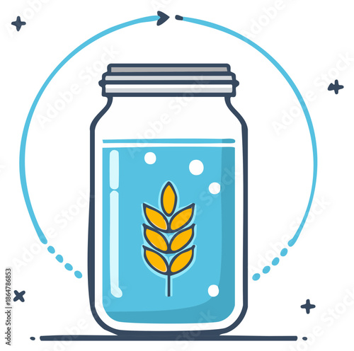 Jar with wheat stalk and water in a recycling cycle illustration