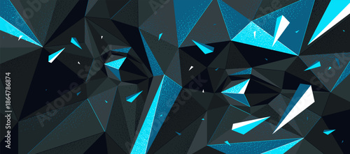 Dark low poly face vector illustration, polygonal design of a boy male face in annihilation, technology and science, kid face eyes looking at camera.