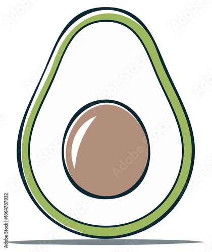 Stylized avocado half with brown pit featuring clean graphic design and vibrant green outline