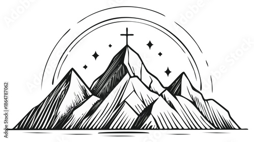 Stylized Mountain Peaks with a Cross at Summit and Starry Sky Above