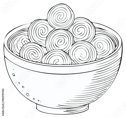 Bowl of spiral shaped food illustration isolated on white background