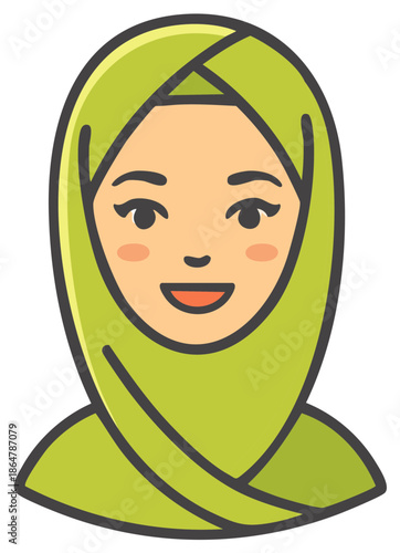Cheerful Young Woman Wearing Green Hijab Vector Illustration Portrait