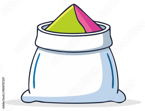 Open bag filled with colorful powders in lime green, pink, and yellow hues