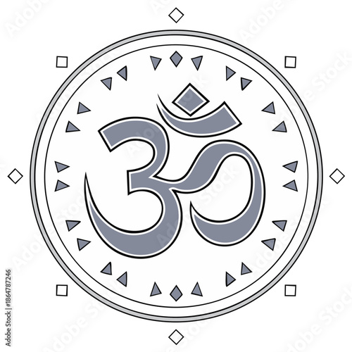 Om Symbol Illustration in a Circle Shape with triangles and squares for Meditation or Tattoo Designs