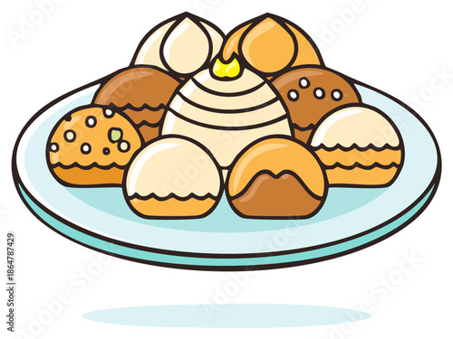 Colorful sweet dessert pastries and cookies arranged on a plate illustration