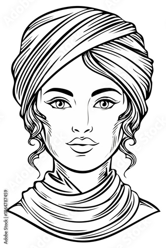 Black and white line art illustration of a woman with a turban and draped scarf, classical styling, serene expression