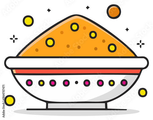 Bowl with Orange Powder Illustration, Round Colorful Decoration, Festive Indian Spice, Holi Celebration