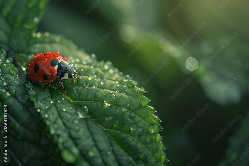 Fototapeta premium Close up of ladybug exploring green leaf with fresh dew drops, showcasing vibrant nature and delicate ecosystem