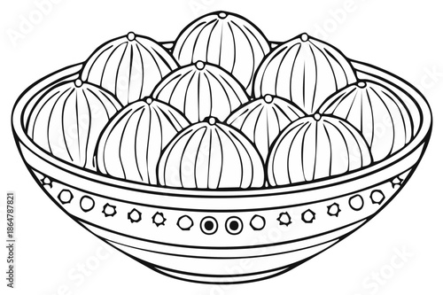Line art illustration of a decorative bowl filled with ripe watermelons