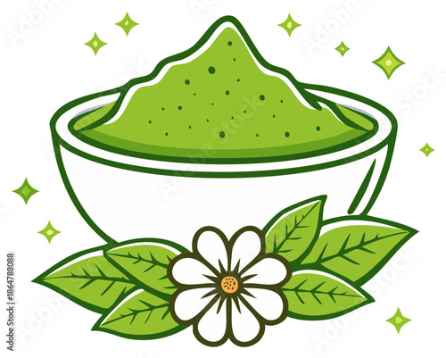 Vibrant green matcha tea powder in a bowl with fresh tea leaves and a delicate tea flower illustration