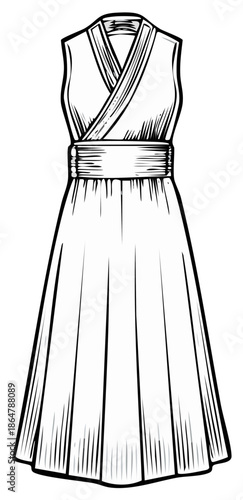 Sleeveless traditional robe dress illustration with sash belt and flowing pleated skirt
