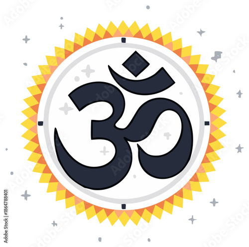 Hindu Symbol Om Surrounded by Sun Rays, Spiritual Sign of Hinduism and Buddhism, Religion and Meditation Concepts