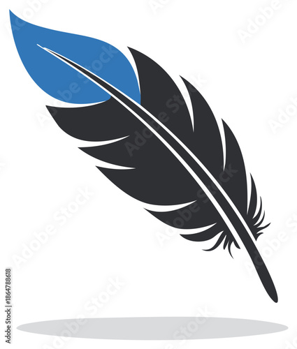 Elegant black feather illustration with a vibrant blue tip and subtle shadow. Modern design concept for branding.