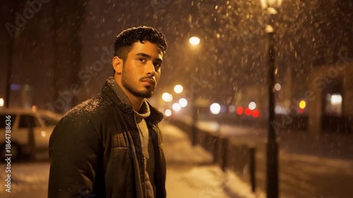 Young Man Standing in Snowfall Under Streetlight at Night.