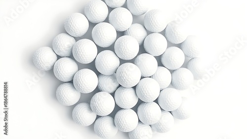 Overhead view of a cluster of white golf balls arranged in a geometric pattern.