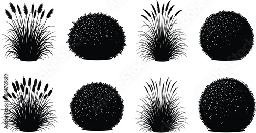 Bush and grass plant silhouettes set with reeds and shrubs isolated on white background landscape gardening vector illustration