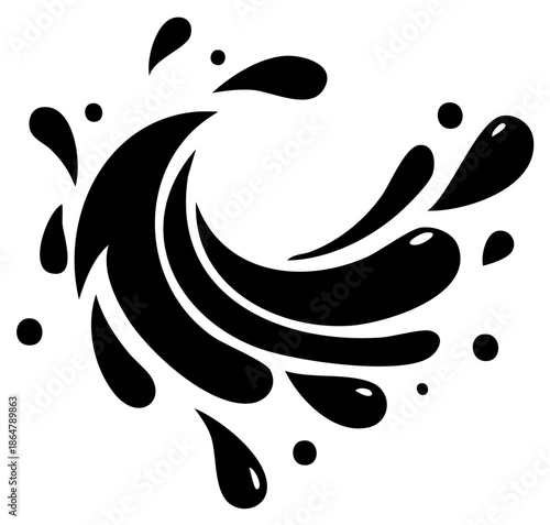 Abstract dynamic black liquid splash with droplets in swirling motion