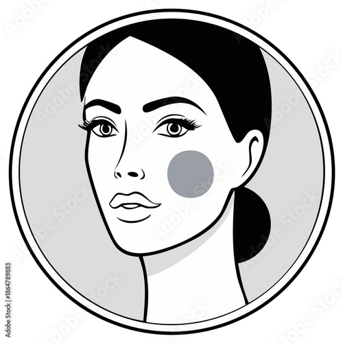 Stylized portrait illustration of a woman's face in profile with a grey circle on her cheek