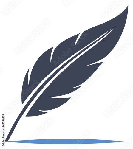 Stylized feather quill pen with blue ink line writing graphic