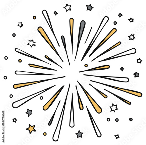 Hand drawn burst of light, fireworks, sparkles, beams, stars, and circles