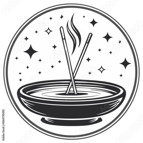 Mystical incense sticks burning in a bowl with smoke and stars emblem