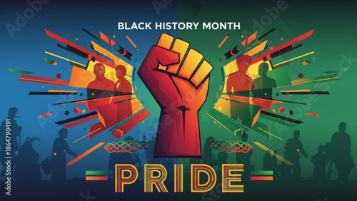 Vibrant black history month celebration graphic with raised fist and pride text, symbolizing unity and empowerment, diverse silhouettes in background