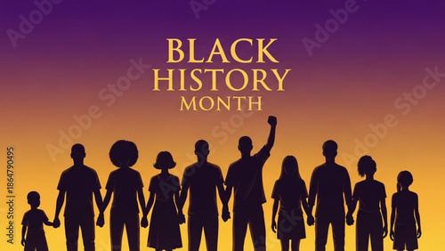 Diverse group of people celebrating black history month with unity and solidarity, silhouettes against vibrant sunset background with diversity